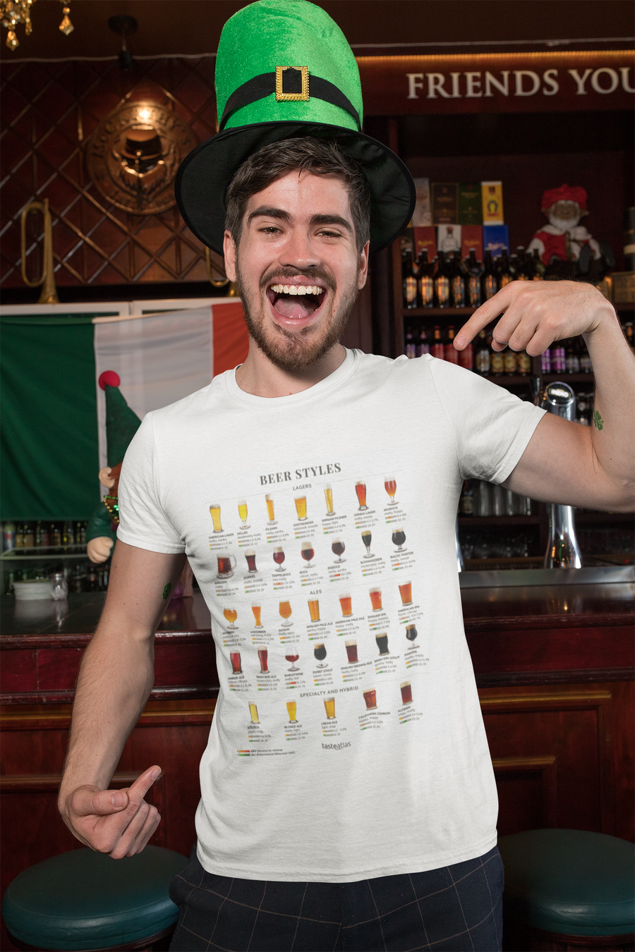 different beer styles t-shirt worn by a man in a pub