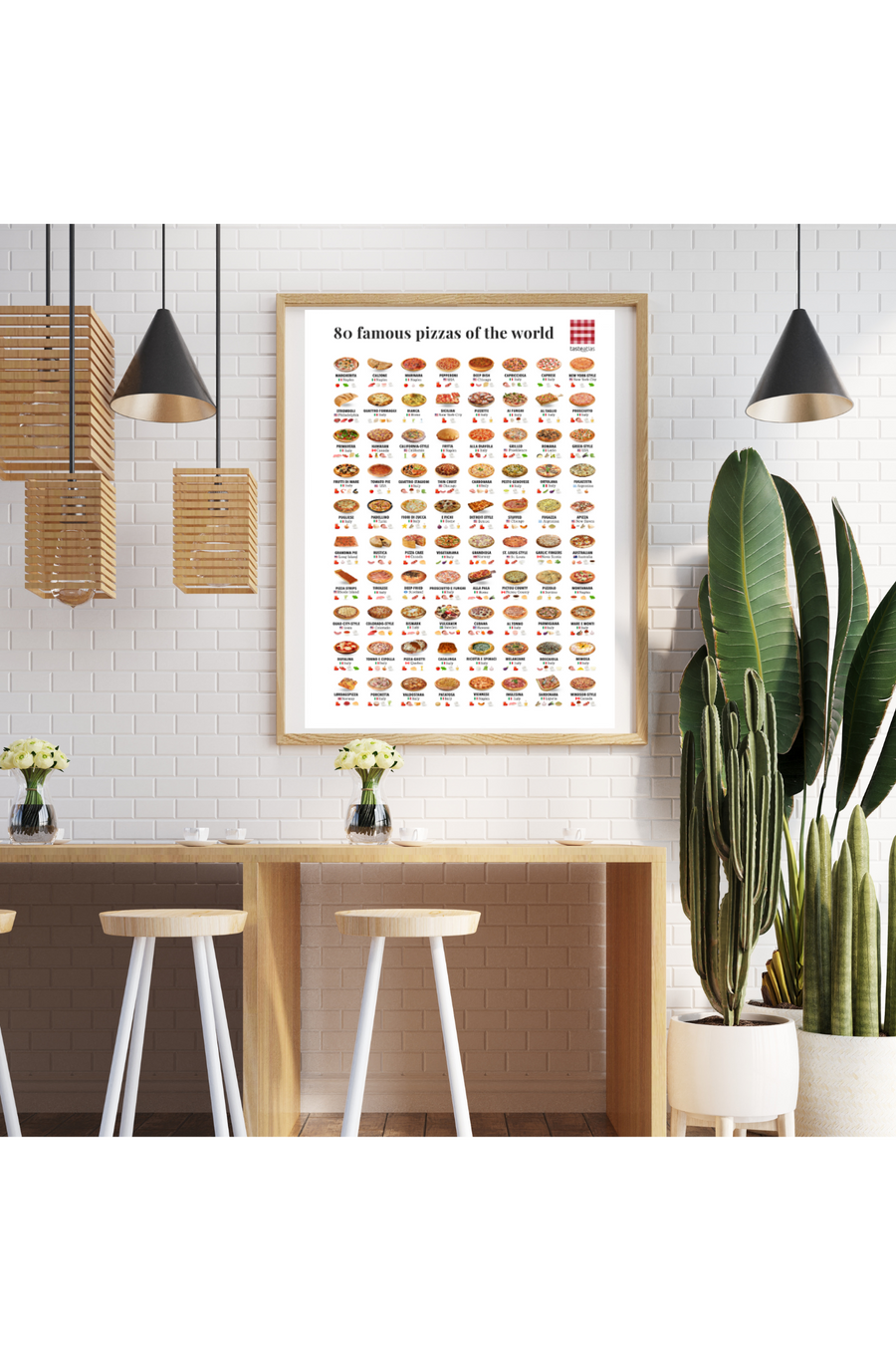 80 famous pizzas of the world poster hanging above the bar