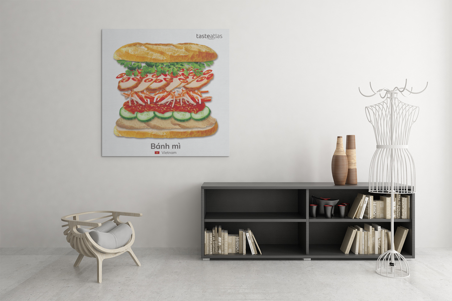 banh mi sandwich poster hanging on the wall in a living room