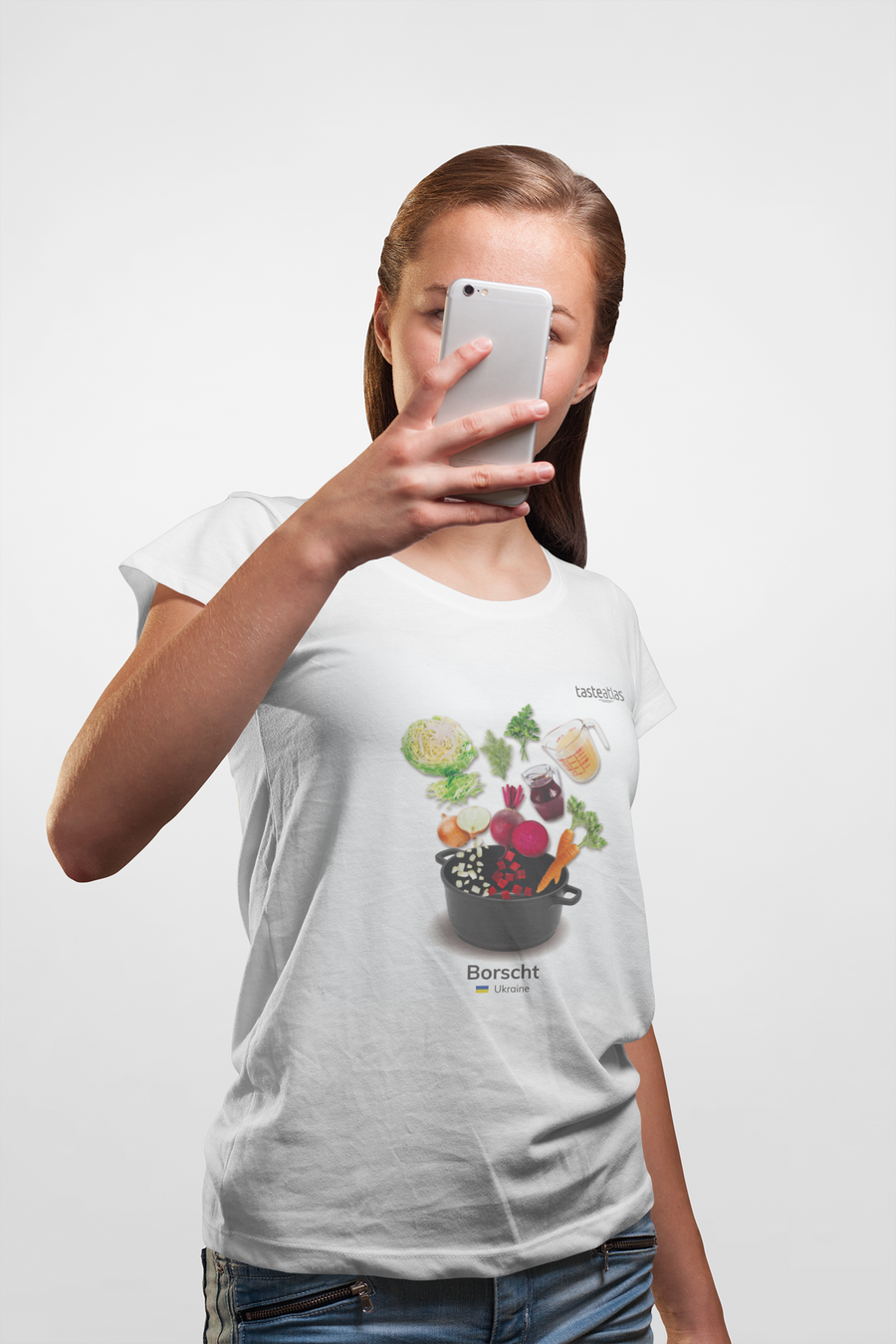 a woman taking selpfie wearing borscht t-shirt
