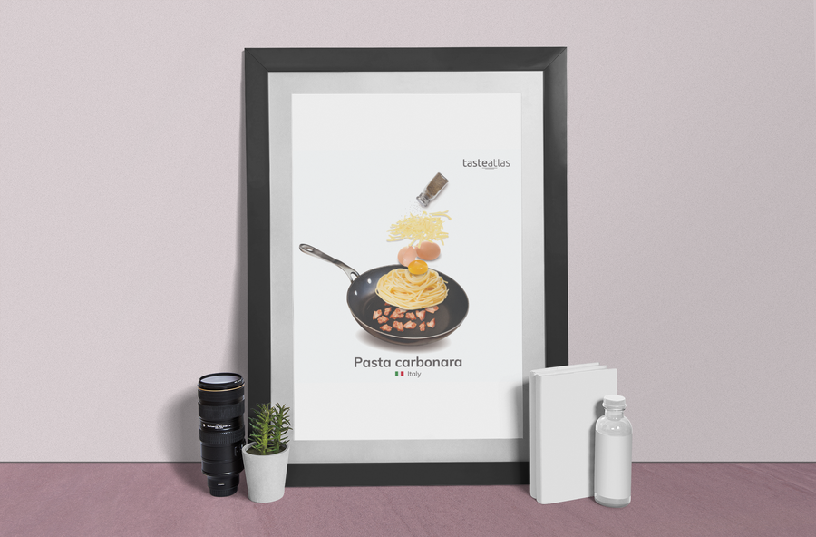 pasta carbonara poster on a table