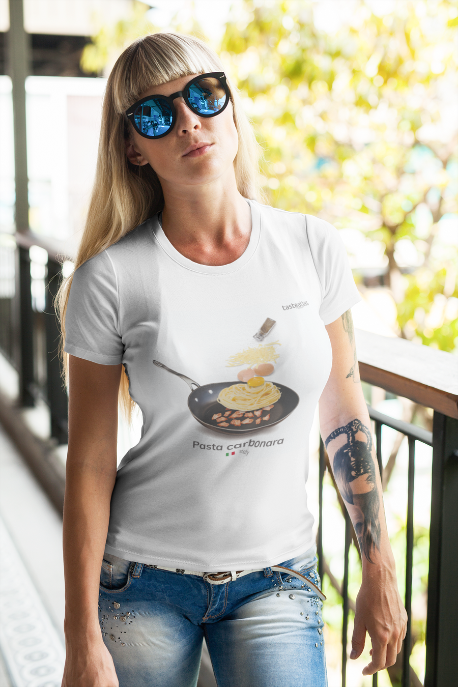 woman on a balcony wearing pasta carbonara t-shirt