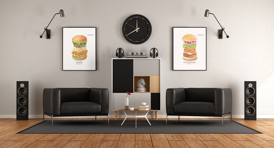 cemita and hamburger posters on a wall of a living room