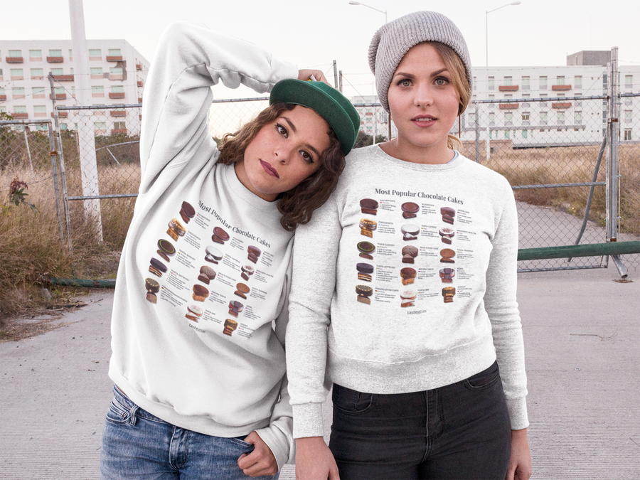 two women outside wearing most popular chocolate cakes sweatshirts