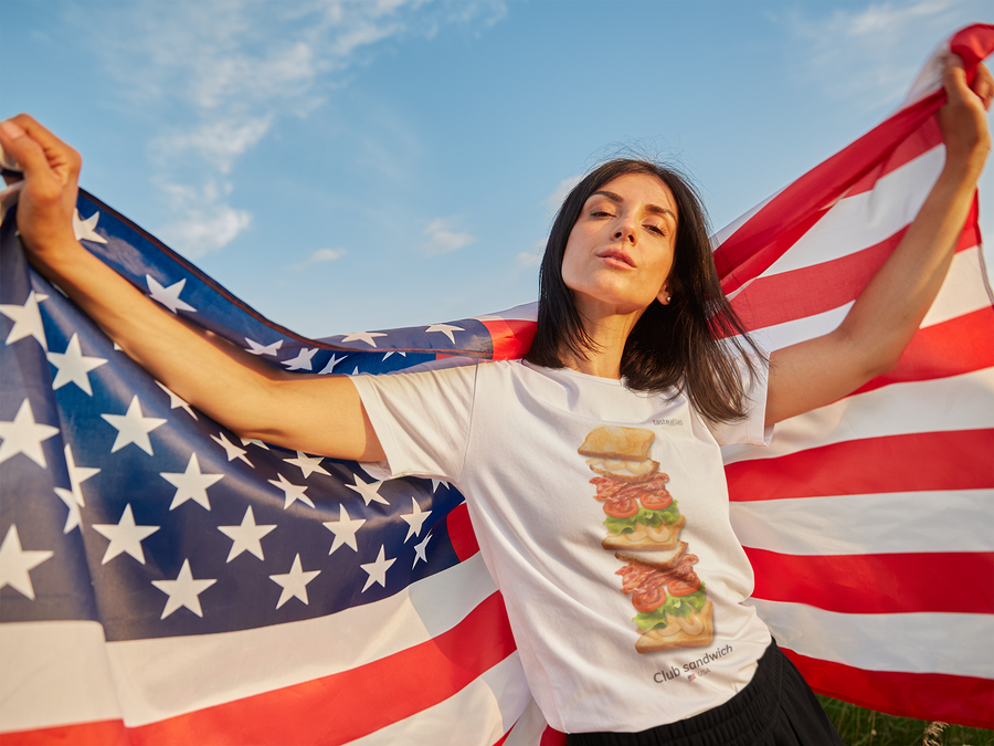 woman with a US flag wearinf club sandwich t-shirt