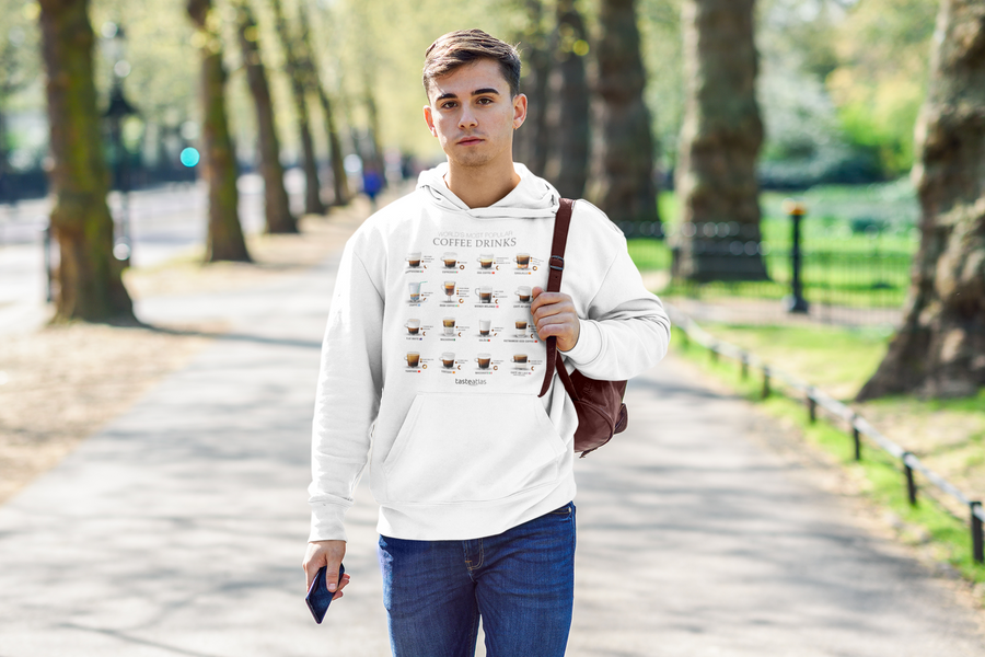 man walking in a park wearing world's most popular coffee drinks hoodie