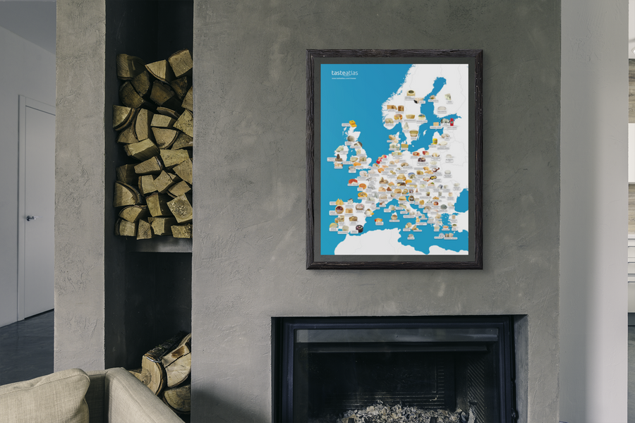european cheeses poster map hangong on a grey wall above a fireplace