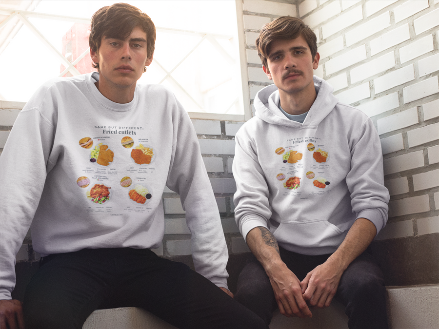 men sitting wearing same but different fried cutlets poster hanging above the cupboard sweatshirt