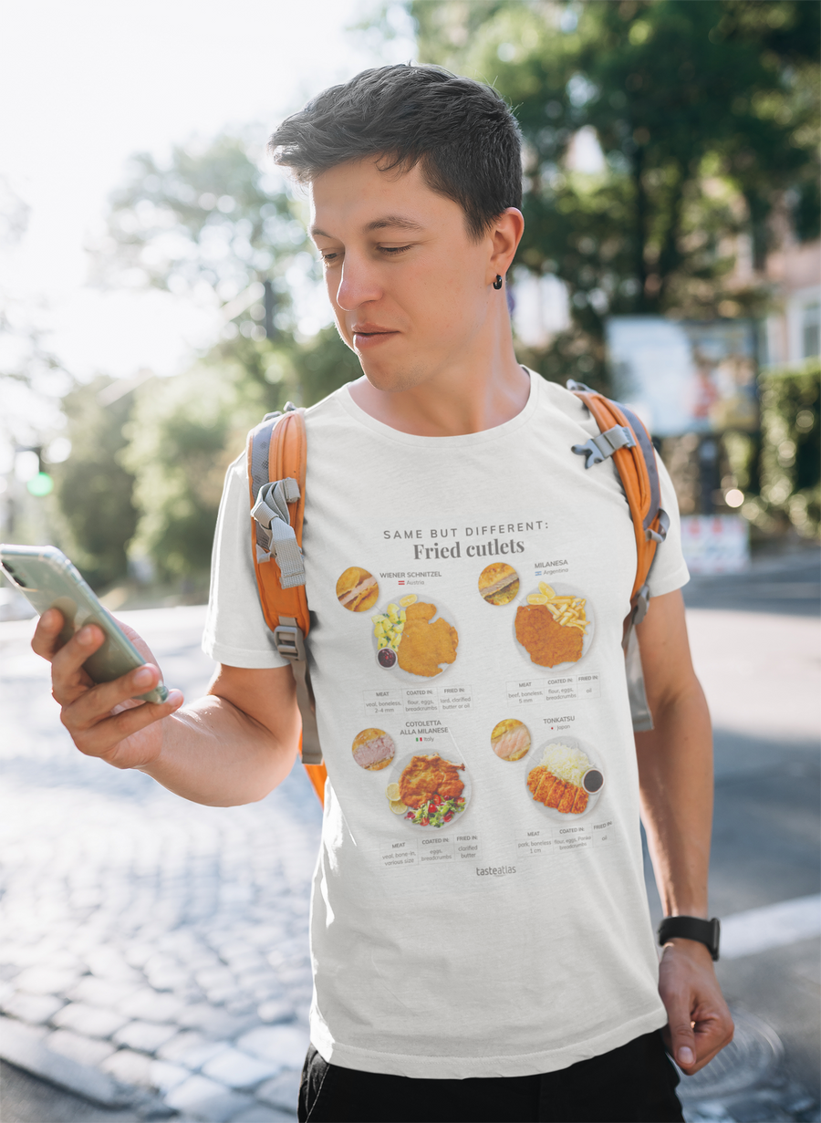 man looking on a cell pohove wearing same but different fried cutlets t-shirt