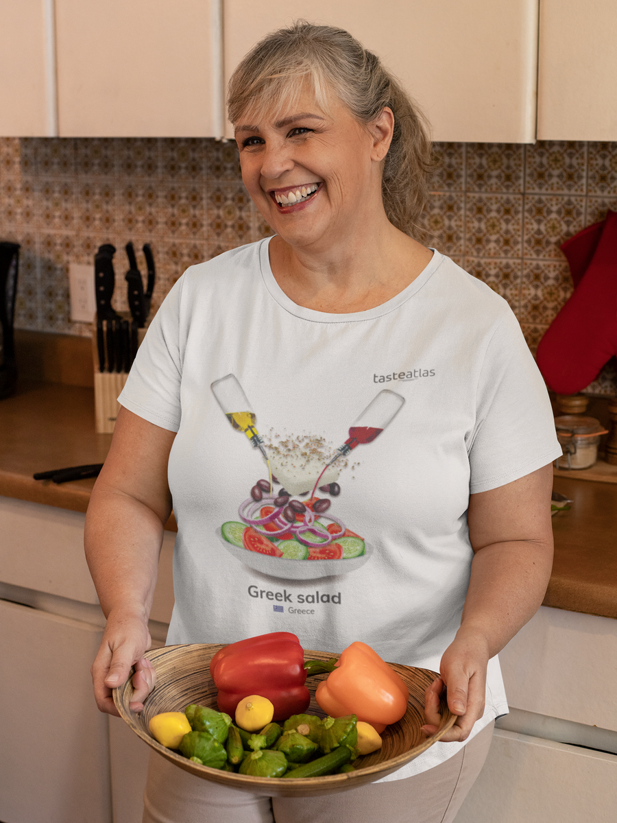 woman with a bowl of vegetables wearing greek salad t-shirt