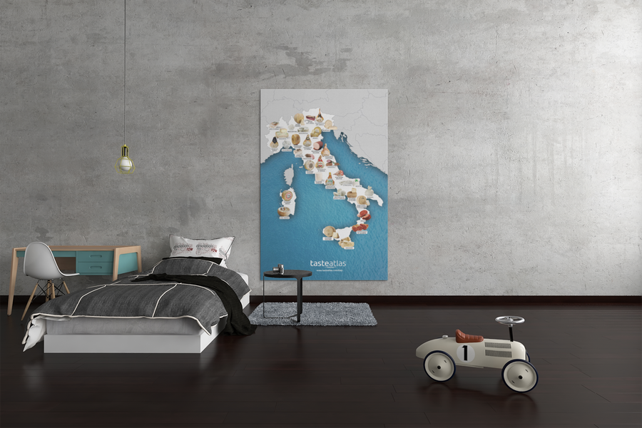 italy antipasti map poster on a wall next to a bed
