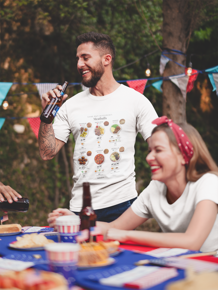 man at the picnic wearing same but different meatballs t-shirt