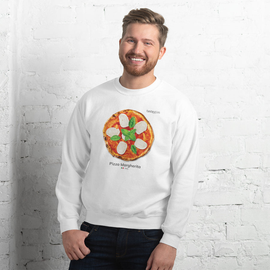 man in front of a white wall wearing pizza margherita sweatshirt