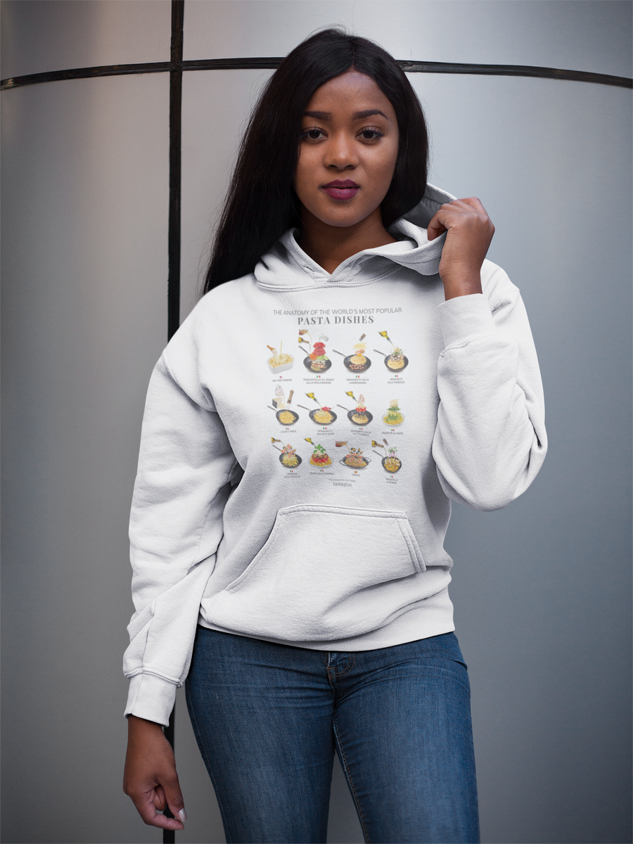 woman wearing the anatomy of the world's most popular pasta dishes hoodie