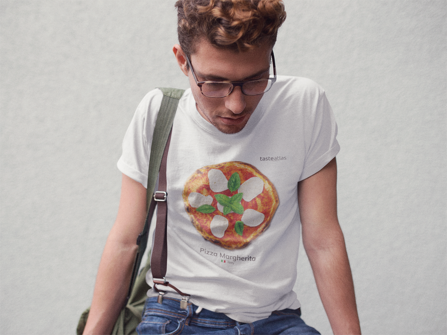 man sitting wearing pizza margherita t-shirt