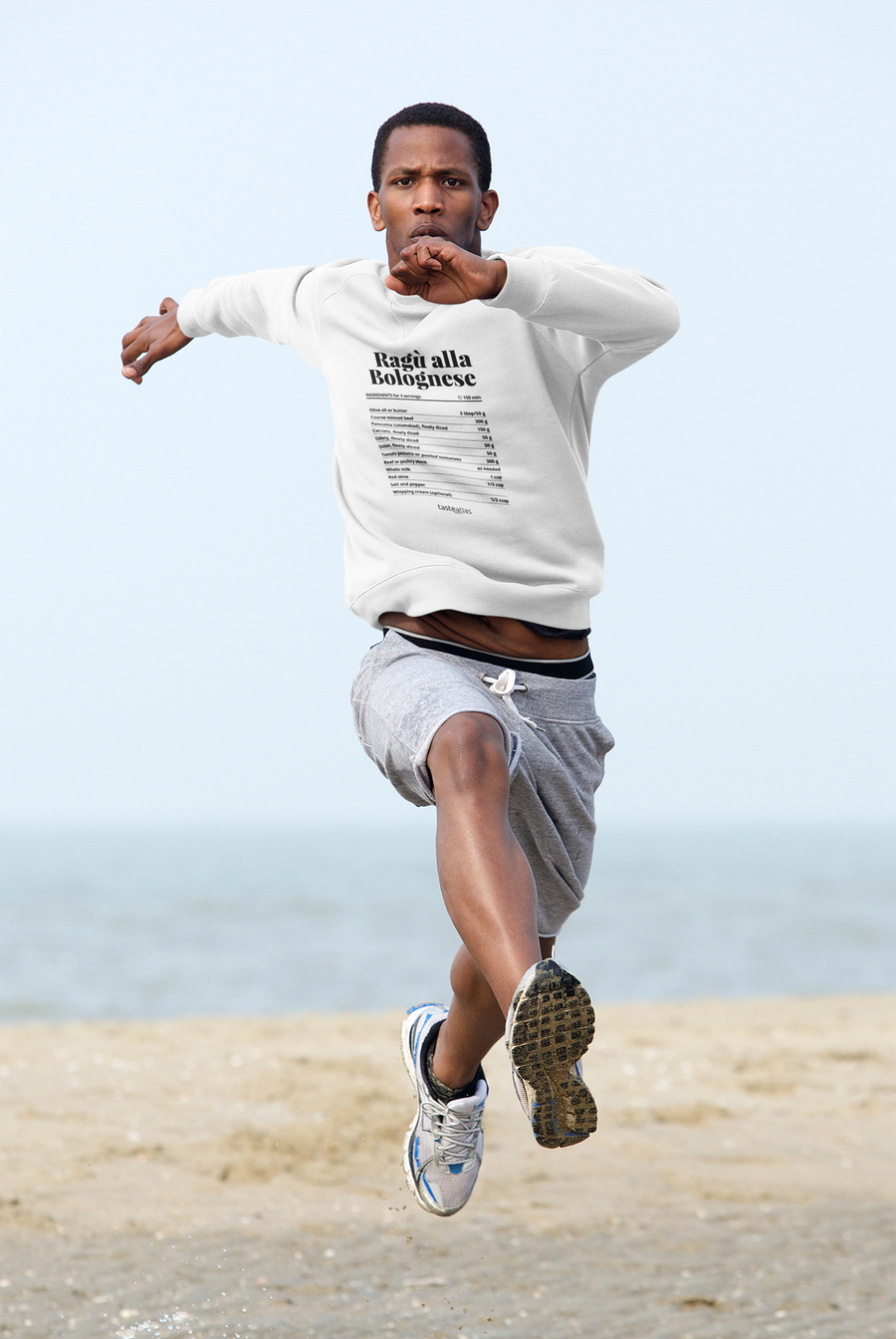 a man running on a beach wearing ragu alla bolognese recipe sweatshirt