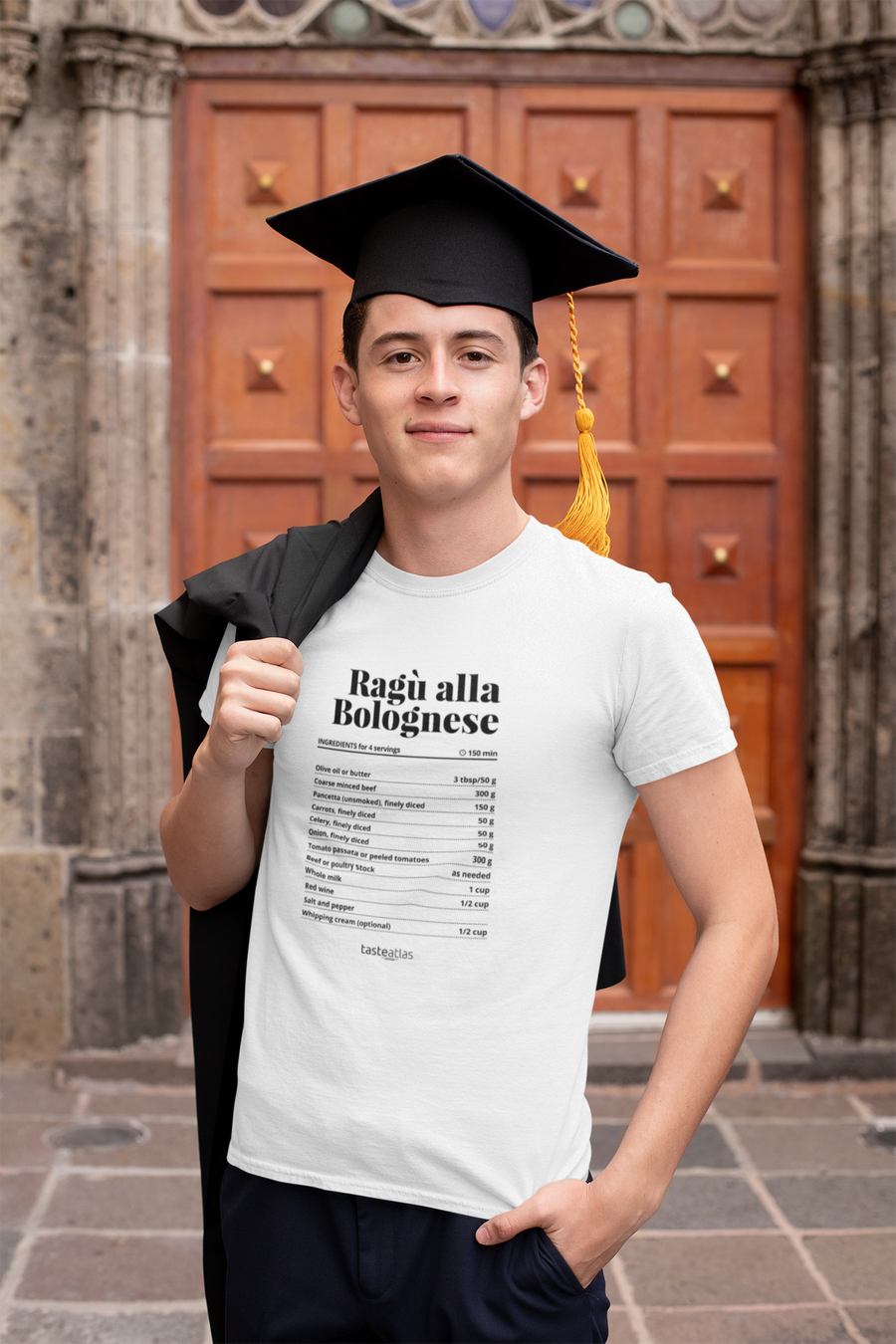 universtity student wearing ragu alla bolognese recipe t-shirt