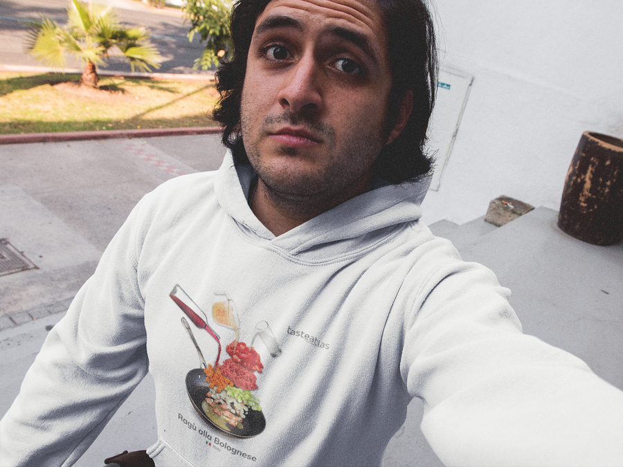 man taking selfie wearing ragu alla bolognese hoodie