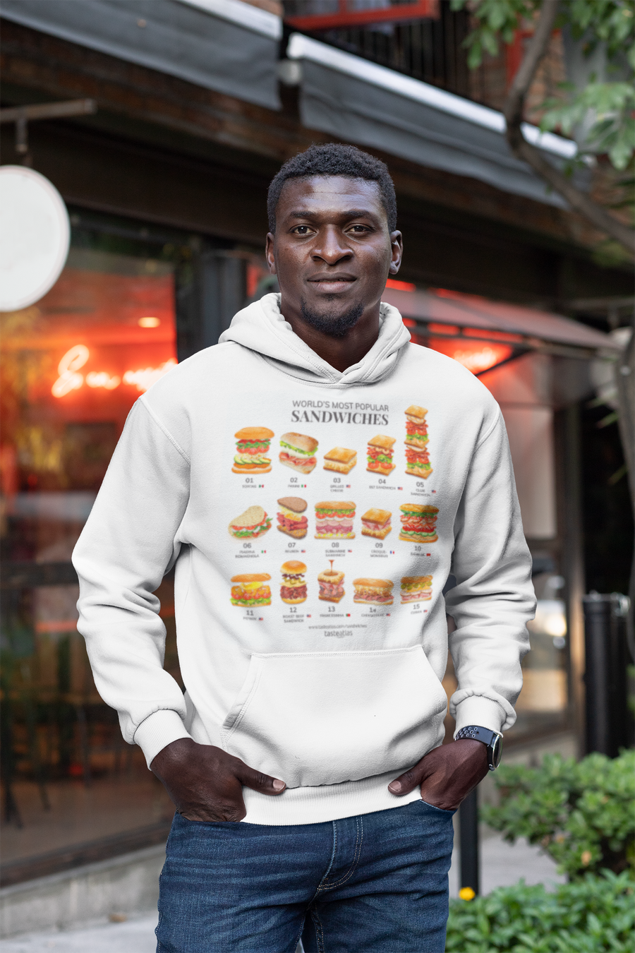 man in front of a bar wearing world's most popular sandwiches hoodie