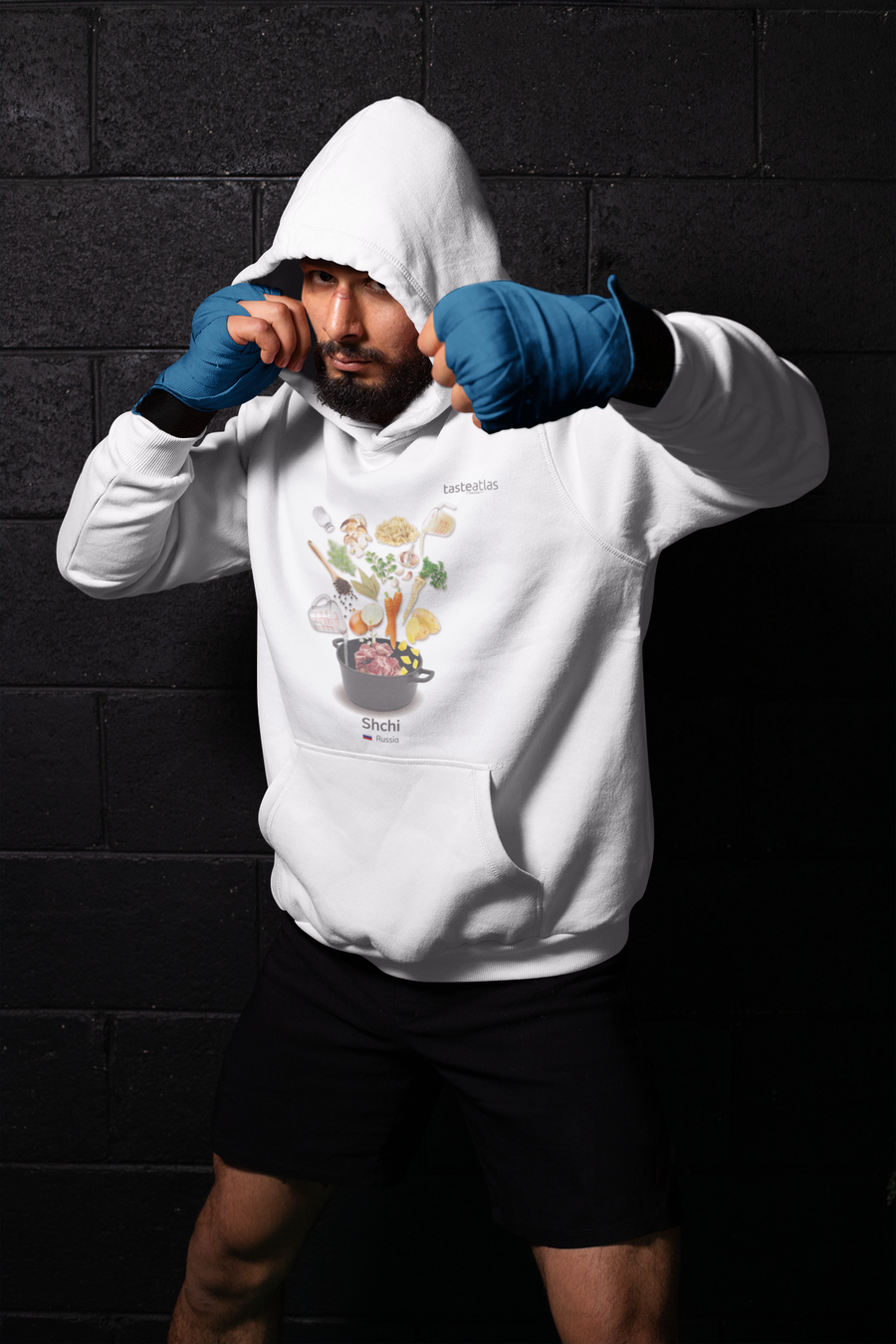 boxer wearing shchi hoodie