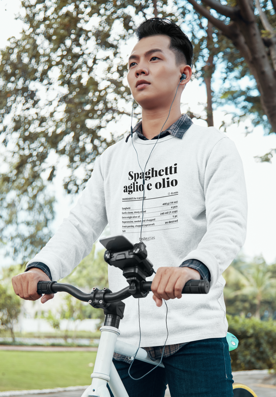 a man on a bike wearing spaghetti aglio e olio recipe sweatshirt